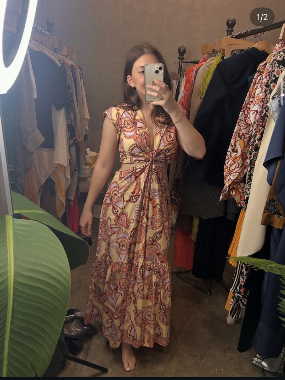 A.L.C. Peach Swirl Tie-Front Maxi Dress